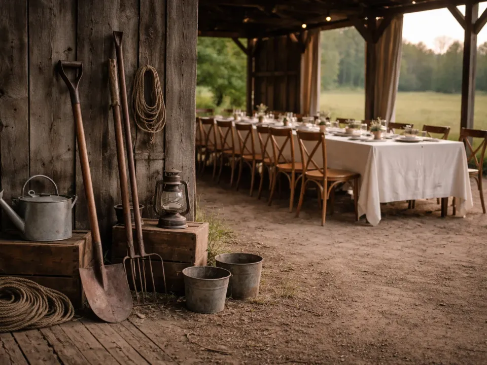 Vintage-Werkzeuge als statische Objekte bei rustikalen Hochzeiten