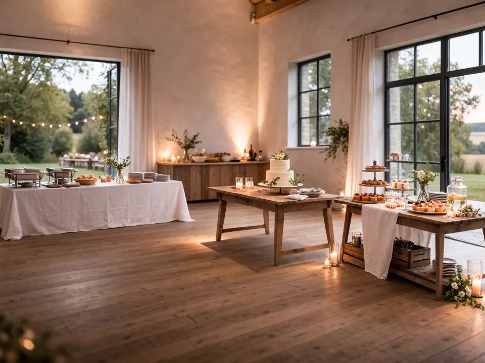 Cveće blizu hrane na svadbama: Postavljanje na švedskom stolu i stolu sa desertima